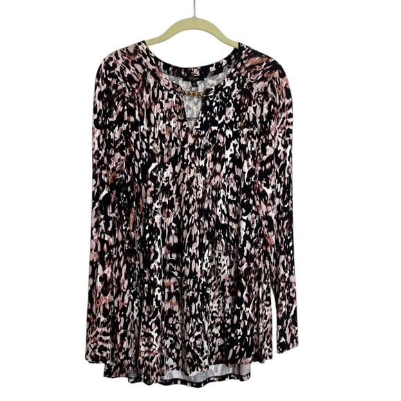Cupio Womens Knit Tunic Size Medium Black Pink Abstract Print Gold Tone Accent - Picture 1 of 6